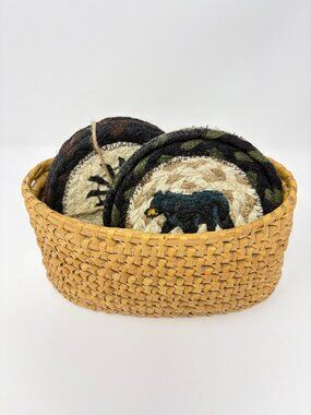 Rustic Home Decor Basket & 2 Coaster Sets 4 Bear with Holder & 4 Windmills Weave